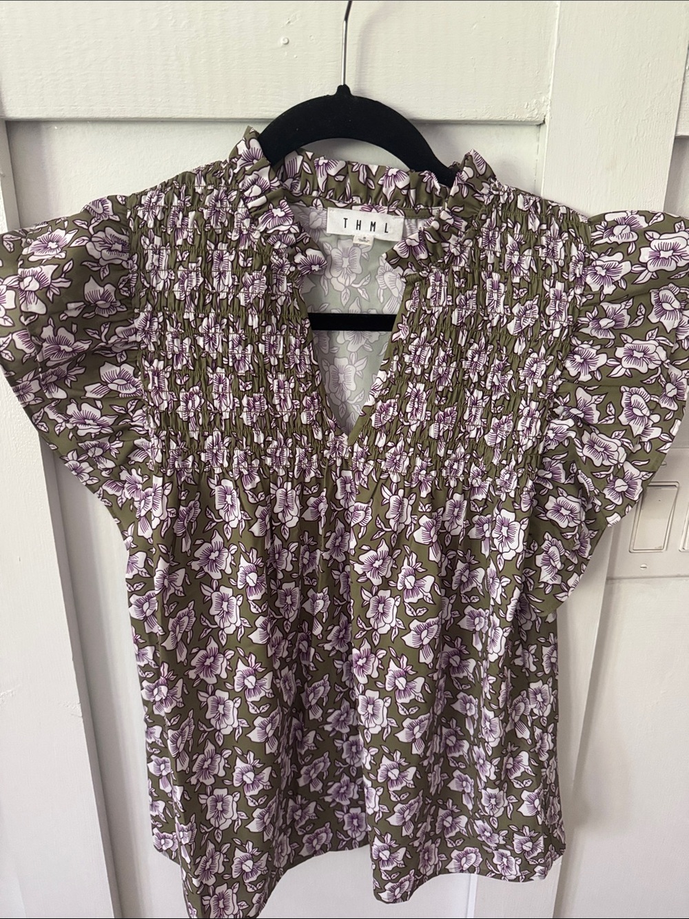 THML Olive Floral Smocked Flutter Sleeve Blouse with Lavender Blooms